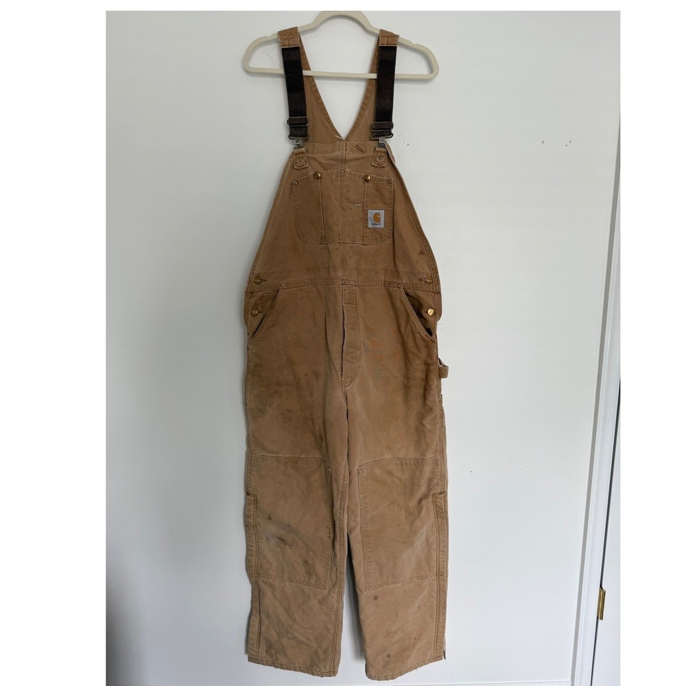 Vtg 90s Carhartt R02 Brown Duck Insulated Red Quilt Lined Bib Overalls USA 36x30